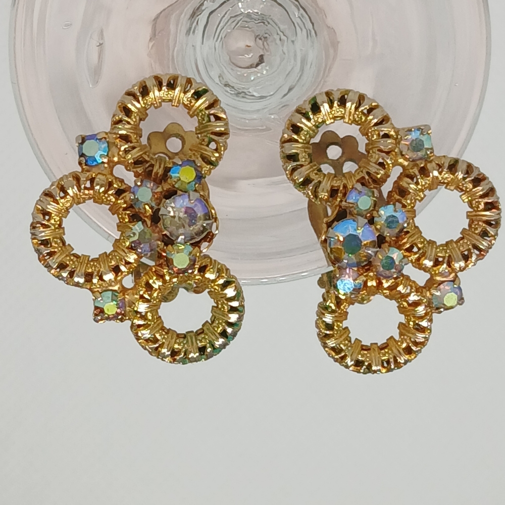 Elegant Gold and Iridescent Crystal Clip On Earrings VINTAGE